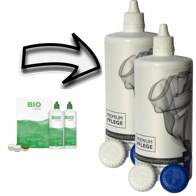Aus Menicon Bio Care 2x360ml wird Premium Pflege Kombilösung mit Hyaluron 2x360ml